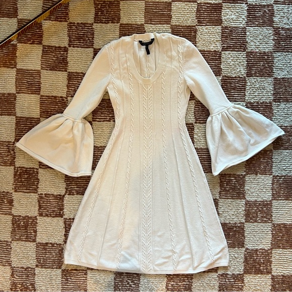 BCBGMaxAzria Dresses & Skirts - BCBG Max Axzria Winter White Cable Knit Long Flare Sleeve Mini Sweater Dress